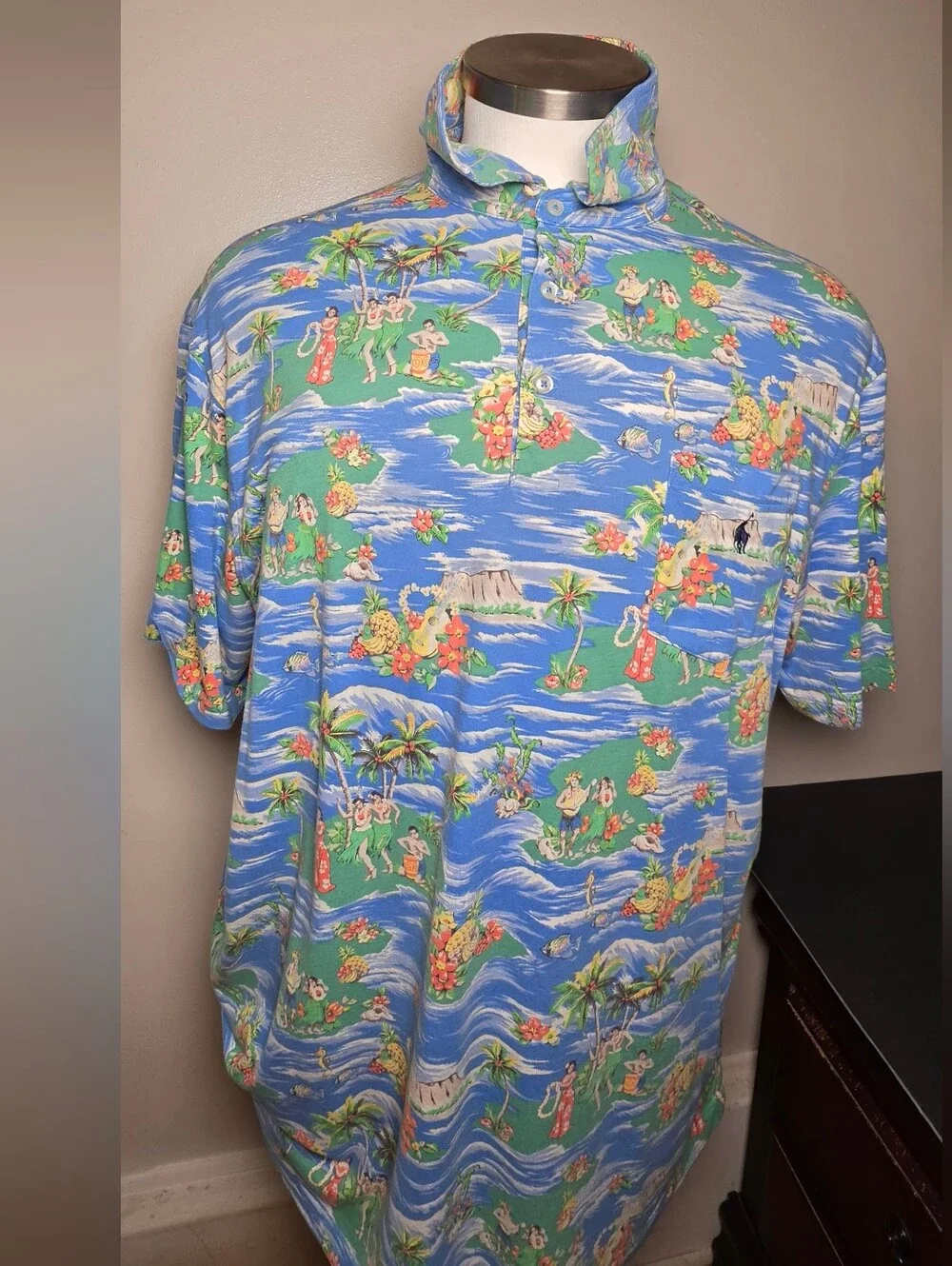 Ralph Lauren Blue Hawaiian Polo with Green Island Motifs